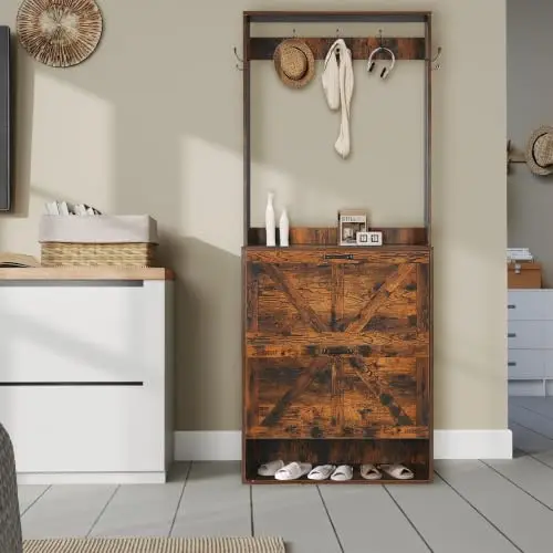 Hall Tree with Shoes Storage, Corner Entryway Clothes Rack, Wooden Tree Cabinet with 2 Shoes Cabinets and 5 Coat Hooks