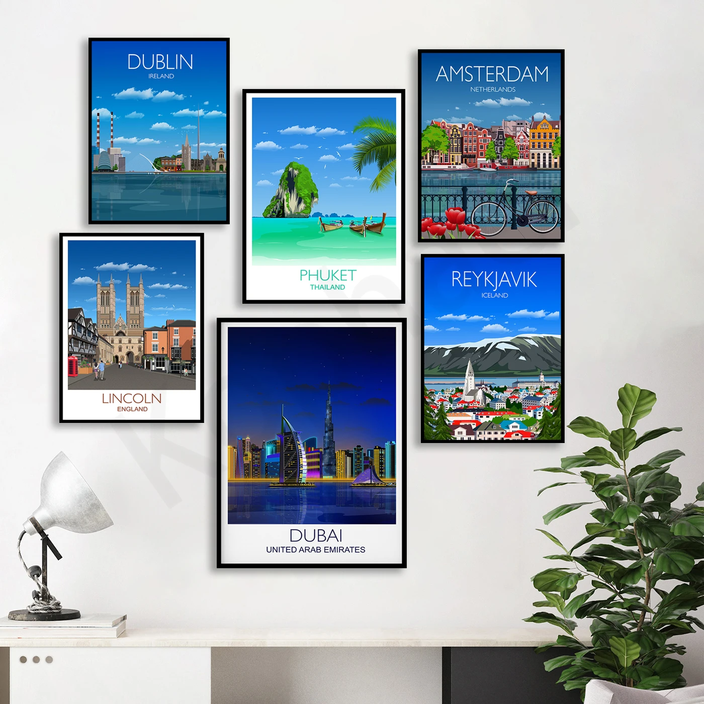 

Dubai Santorini Dublin Cote d'Azur Reykjavik Phuket Balearic Islands Amsterdam Lincoln Mauritius. Cities Travel Landscape Poster