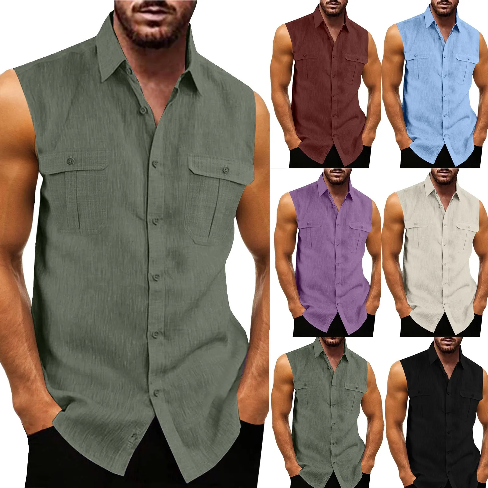 Summer Top Shirt Men Tank Top Turn Down Collar Sleeveless Shirts Pocket Imitation Linen Slim Fit Shirt For Men Summer Streetwear