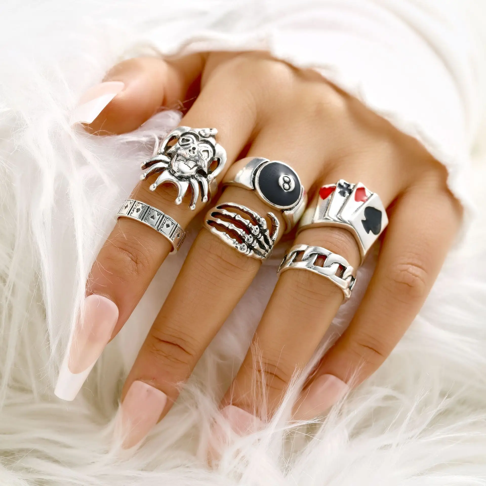 1SET New Retro, Personalized, Trendy, Vintage Skull, Ghost Claw, Poker, Clown, Number 8 Alloy Ring Set, 6-Piece Set, Wholesale