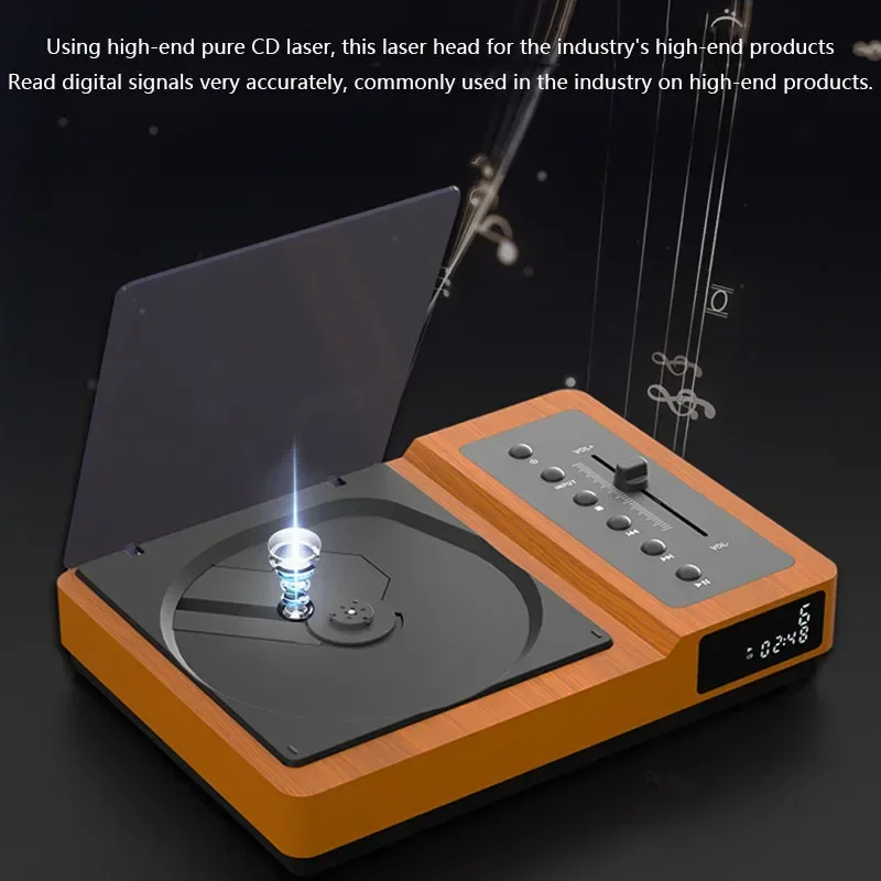 Reprodutor de cd hifi sem perdas, corpo de madeira, bluetooth 5.2, alto baixo, ajustável, eq, portátil, usb, áudio player, controle remoto infravermelho