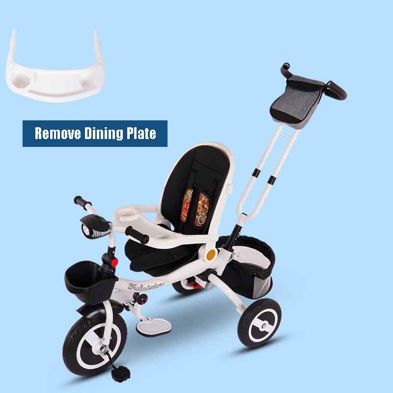 Tricycle multifonction pour enfants avec plaque à manger amovible et siège rotatif et peut s'allonger et se repos