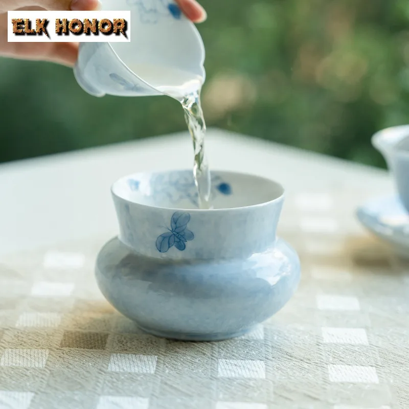 380ml Hand-painted Mist Blue Butterfly Jianshui Tea Cup Wash Tea Dust Cylinder Barrel Household Chaxi Supplies Decoration Craft