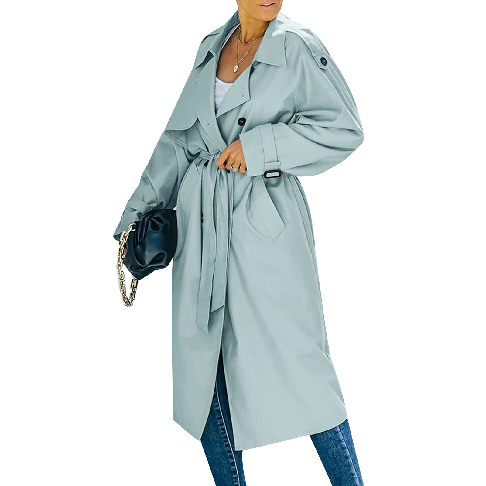 Women´s Double Breasted Long Trench Coat, Classic Lapel Long Sleeve Windproof Overcoat with Belt