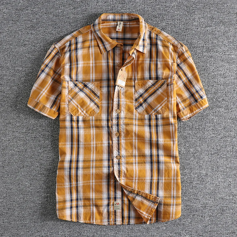 Classic yarn-dyed plaid short-sleeved men\'s shirt summer daily trend all-match washed cotton shirt half sleeve