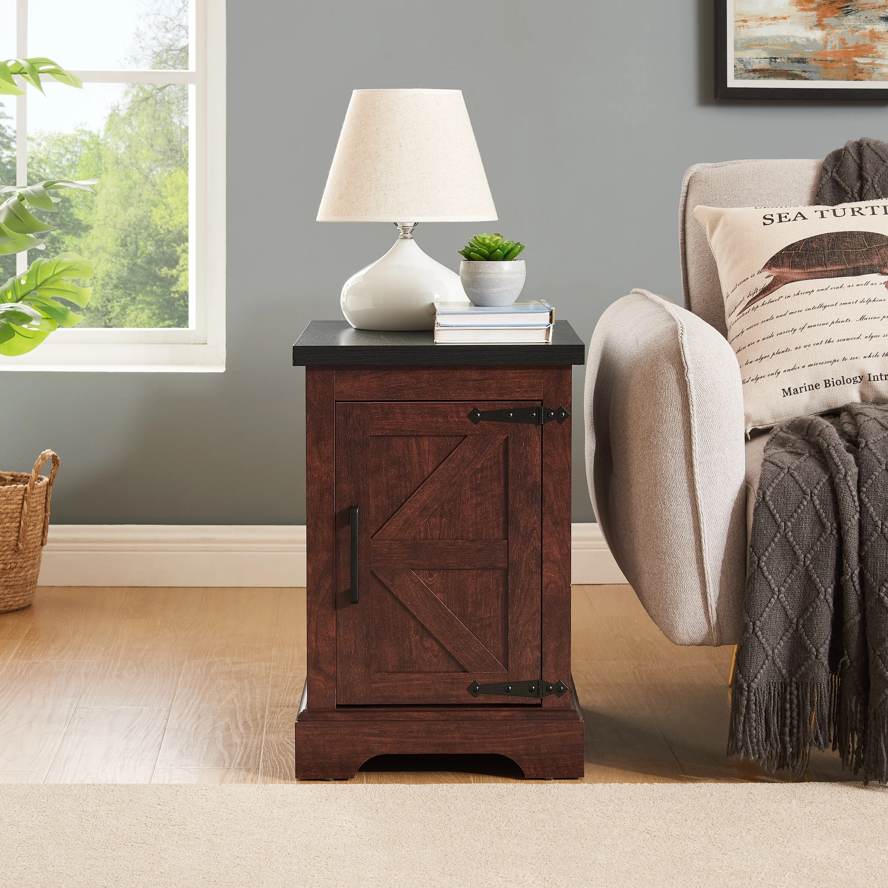 

Farmhouse end table Nightstand Rectangular Farmhouse End Table with Barn Door and Adjustable Storage Shelf, Rustic Sofa Side Tab