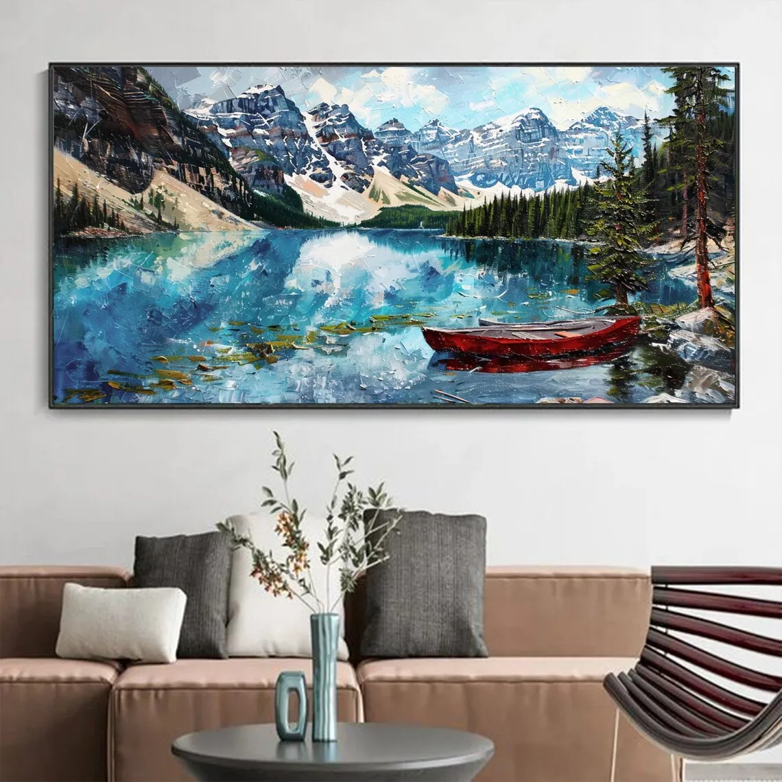 Snow-Capped Mountain Lake Landscape Canvas Print Forest Red Boat Nature Scenery Wall Art No-Frame Painting for Living Room Decor