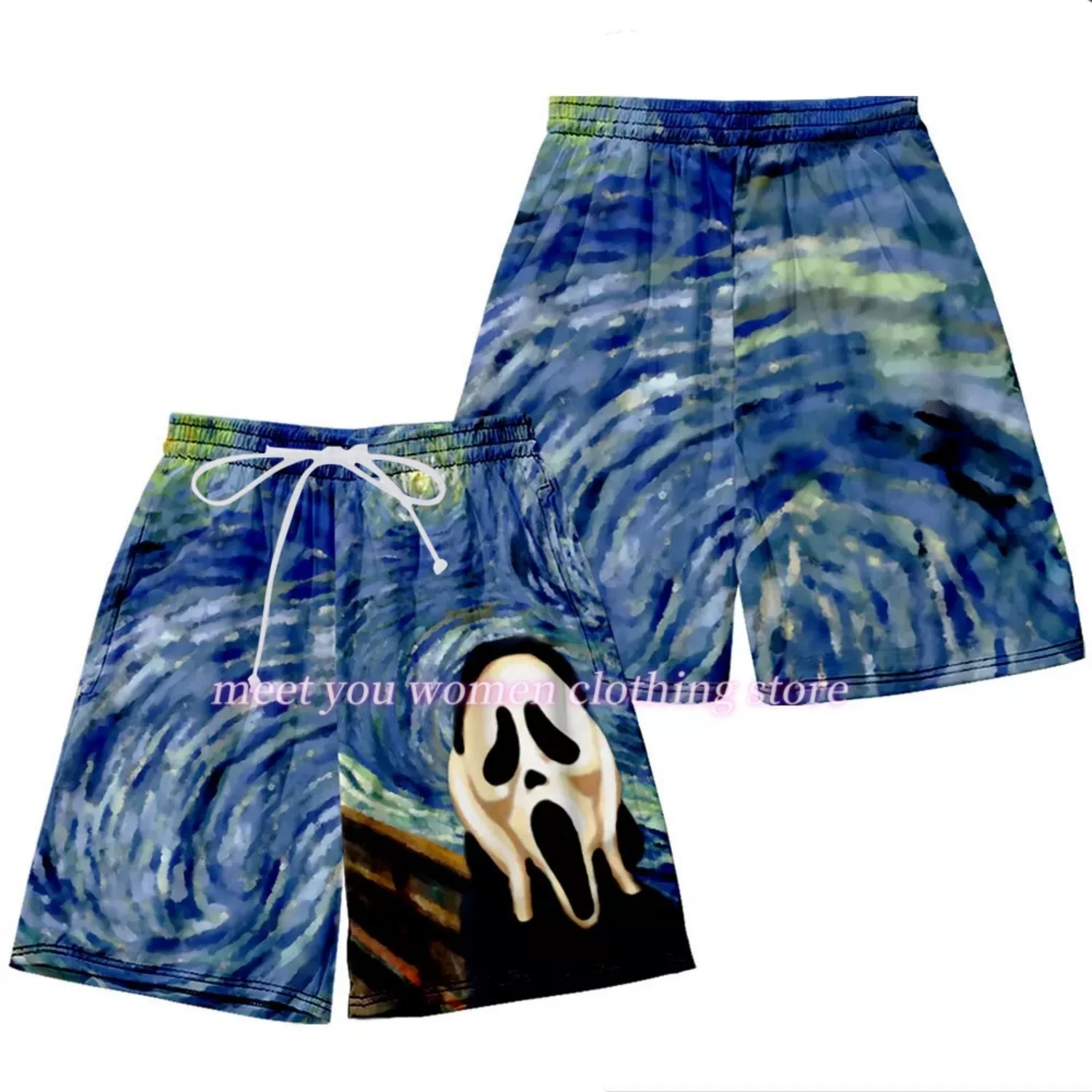 2025 new Women Mona Lisa oil painting style Shorts casual couple Shorts with Pockets Y2k casual Shorts