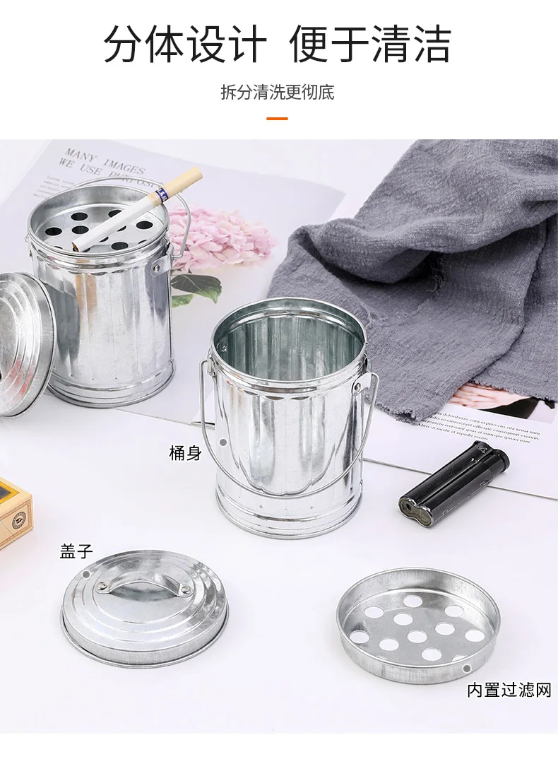 Großer Aschenbecher im Eimer-Stil mit Abdeckung aus Stahl, verzinkt, verzinkter Aschenbecher für Zuhause, Wohnzimmer, Aschenbecher für den Außenbereich, Aschenbecher, Mülleimer – Detail 3