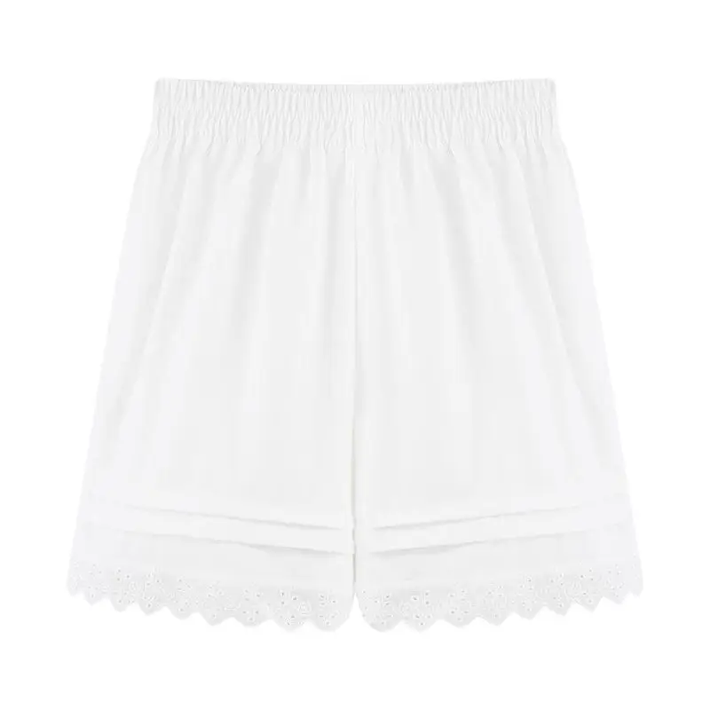 White Lace Trim Patchwork Casual Shorts for Women's High Waisted Wide Leg Vacation Beach Pants Loose Thin Bottoms Home Shorts