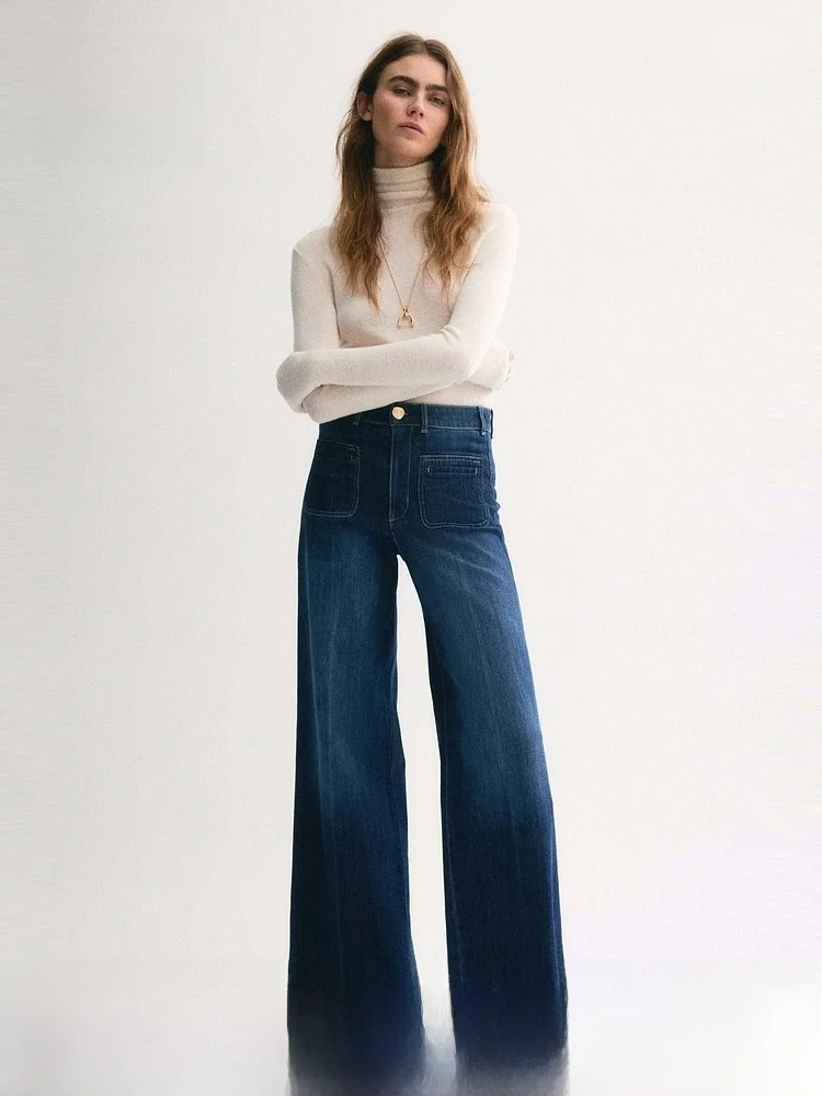 

High Waist Wide Leg Jeans Women's Summer New Style Casual Cotton Blend Stretch Denim High Waist H&M 1314621 Standard Fit