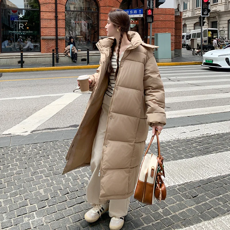 Long Parkas Coats Women Hooded Jackets Solid Long Sleeves Zipper Thick Loose Fit Oversize Office Lady Casual 2025 Autumn Winter