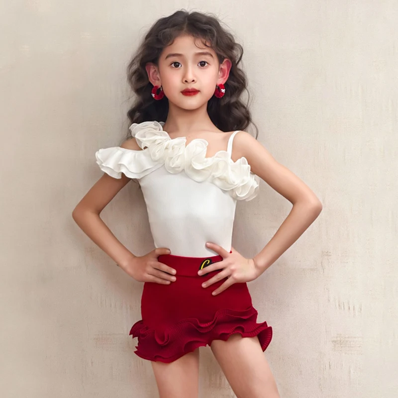 

2025 New Latin Dance Suit For Performance Stage Costume Sleeveless White Bodysuit Red Skirt Girl Rumba Cha Cha Dancewear AMY1810