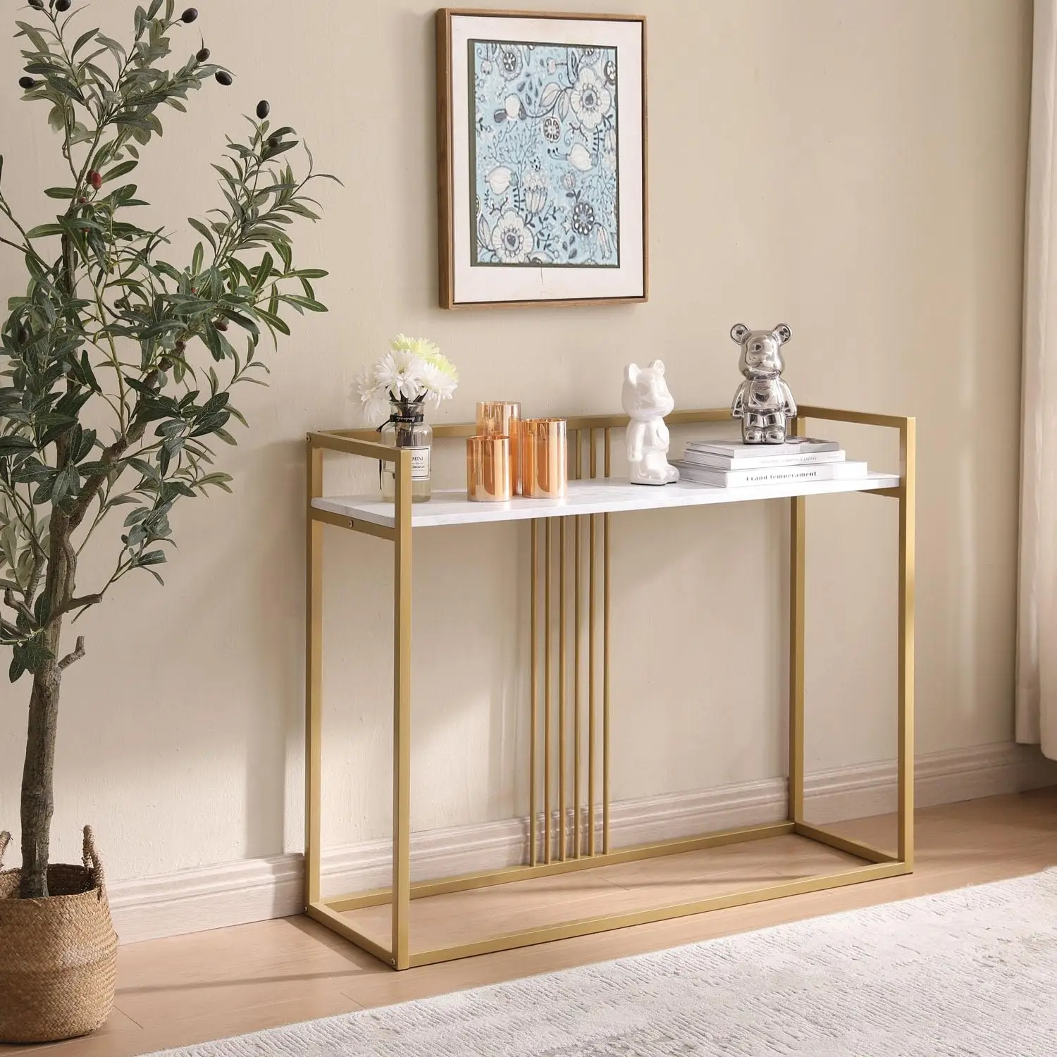 

Modern Sofa Console Table with White Faux Marble Storage Shelf & Gold Metal Frame for Hallway, Bedroom, Living Room, Foyer
