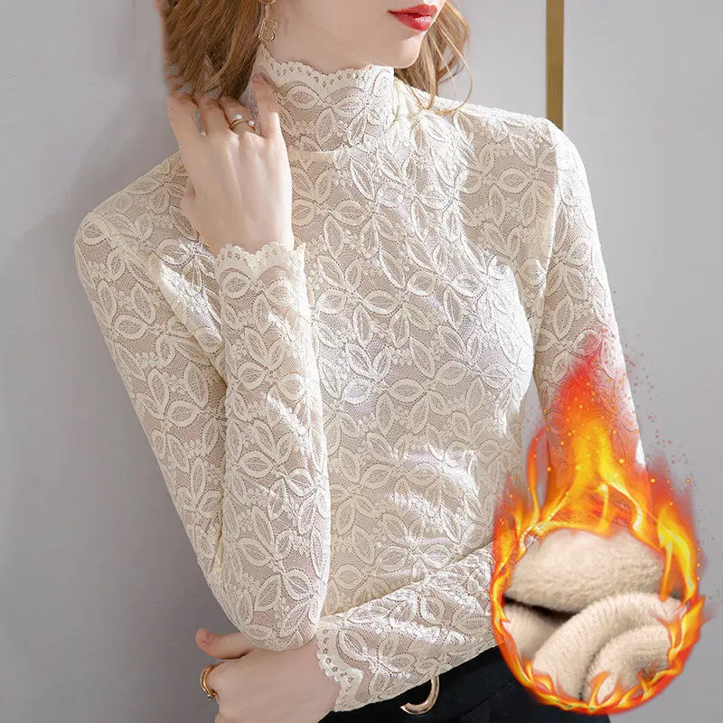 Lined Lace Base Shirt Women's Autumn Winter Fashionable Top 2025 New Elegant Top TT91