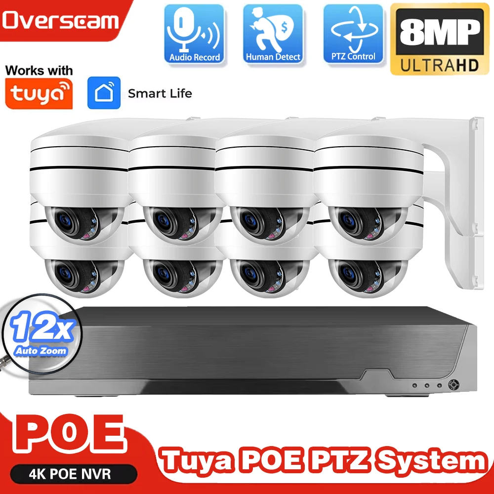 

Overscam TUYA 8CH PTZ Dome POE Security Camera System 4K 8MP 12X Zoom Audio CCTV Video Surveillance Protection Kit Motion Detect