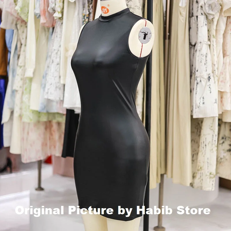 BWQ – robe de soirée moulante en cuir Pu pour femme, couleur unie, Sexy, sans manches, Slim, élastique, paquet de hanche, t-shirt, jupe, Mini robe courte