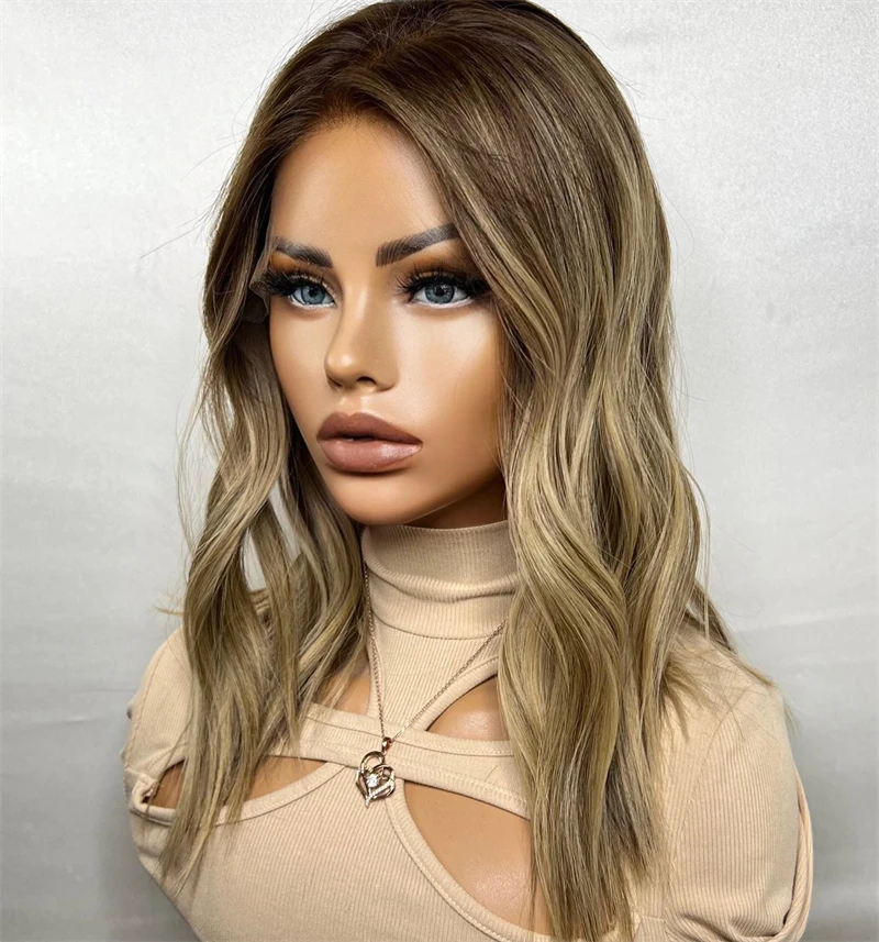 Balayage Brown Blonde Wavy Wig Highlights Fibre Realisitc Look Rooted Lace Front Wig Heat Resistant Synthetic Free Part Wig