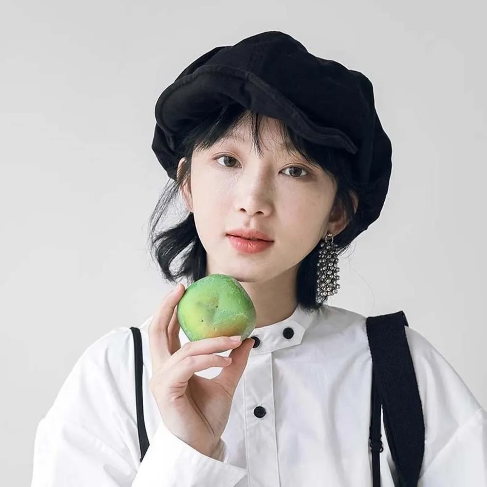 Asymmetric Cloud Beret Cap Street Style Big Head Circumference Retro Octagonal Hat Polyester Solid Color Women Artist Hat Women