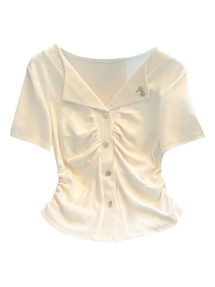 Camiseta blanca de algodón puro v-ne ort Sve para mujer, novedad de verano, cintura doblada, ort, camiseta pequeña única y bonita a la moda