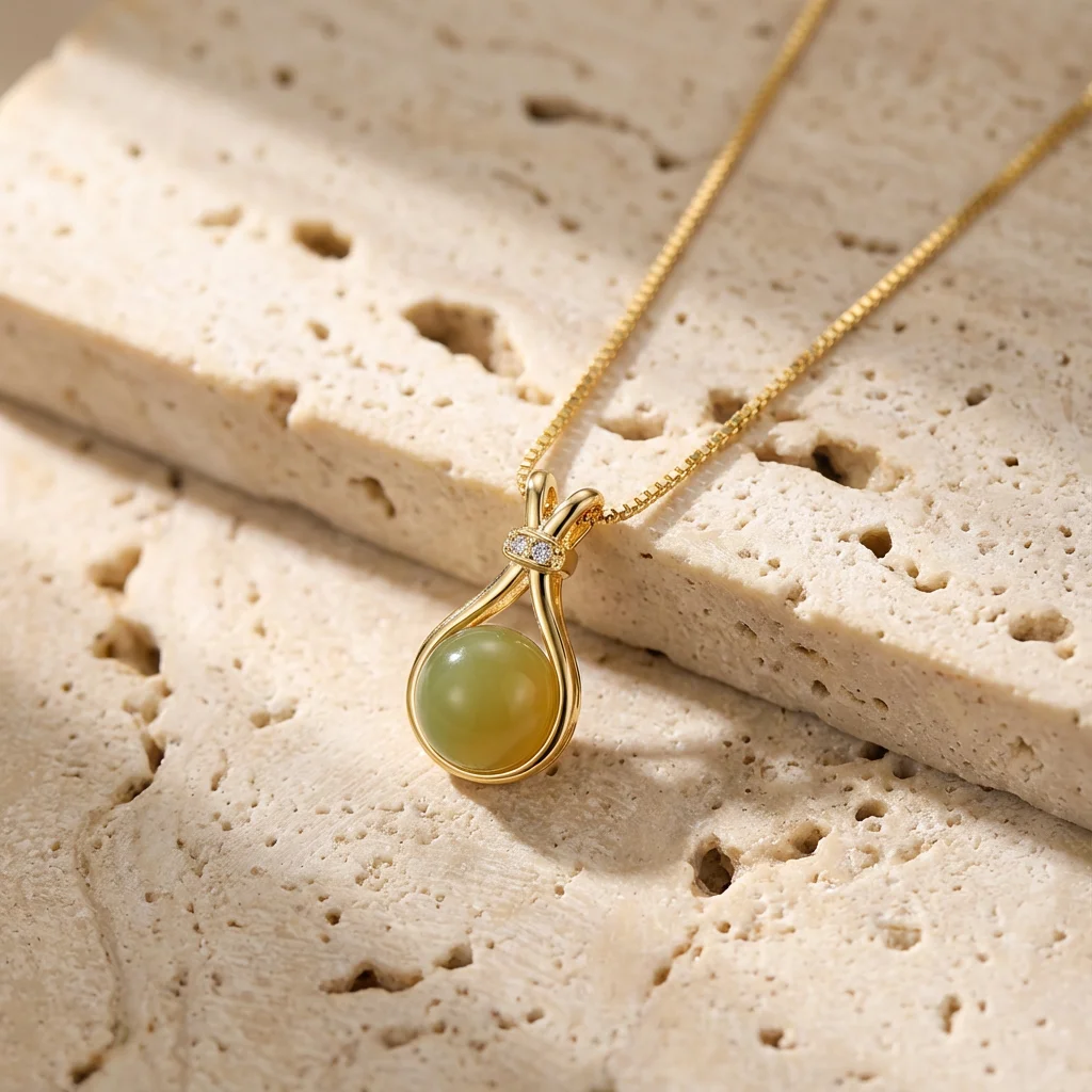 Zierliche grüne Wassertropfen-Anhänger-Halskette für Frauen, minimalistische Imitation von Jade, Glücksbeutel, goldfarbene Kette, ästhetisches Schmuckgeschenk – Detail 4