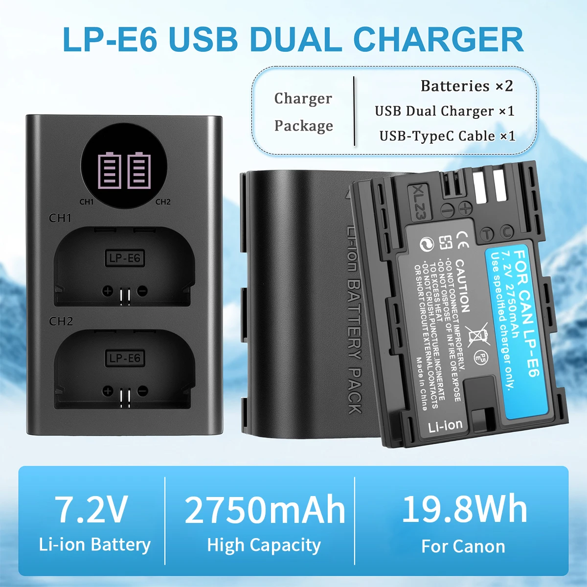 für Canon LP-E6 Akku 2er-Pack mit Dual-USB-Ladegerät-Kit, kompatibel mit 5D Mark IV III 5DS 6D 7D 70D 80D 90D R5 R6 R7 R8 – Verlängerte Akkulaufzeit mit zwei Akkus