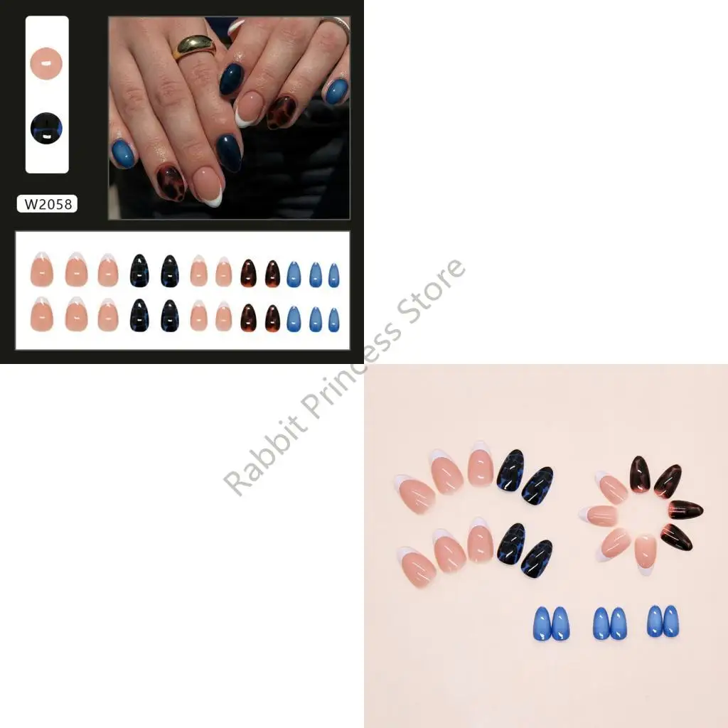 BX0F Luxurys ABS مجموعة أظافر صناعية 24 قطعة نمط سلحفاة زرقاء مع لهجات أحجار الراين اللامعة