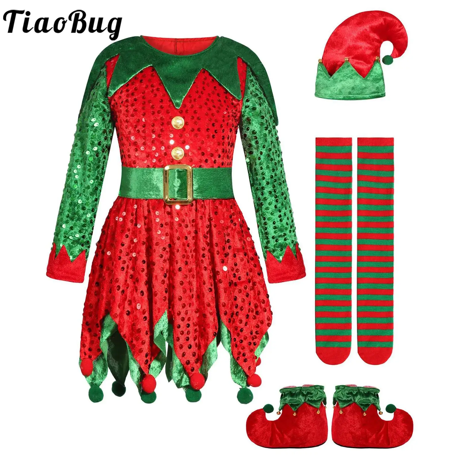 

Girls Christmas Elf Costume Outfit Xmas Elf Dress Long Sleeve Sequins Jagged Hem Pompom Dress with Waistbelt Hat Socks Shoes Set