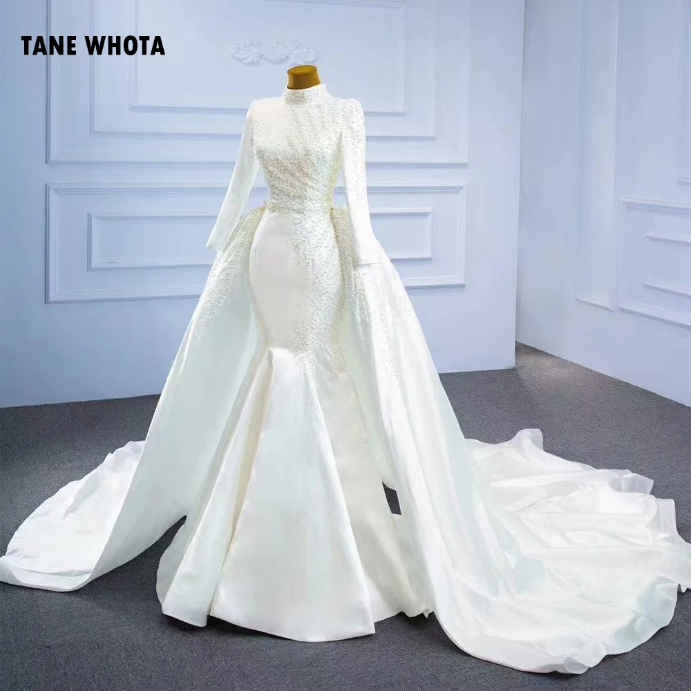 Abito da sposa musulmano con strascico staccabile Manica lunga alta con lacci sul retro Abito da sposa con perline Abito da sposa a tromba personalizzato