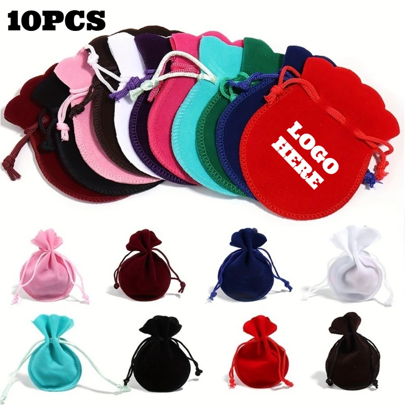 Custom Print Logo 7x9cm 10pcs/lot Round Drawstring Velvet Gifts Bag Soft Jewelry Packaging Wedding/Christmas Candy Storage Bags