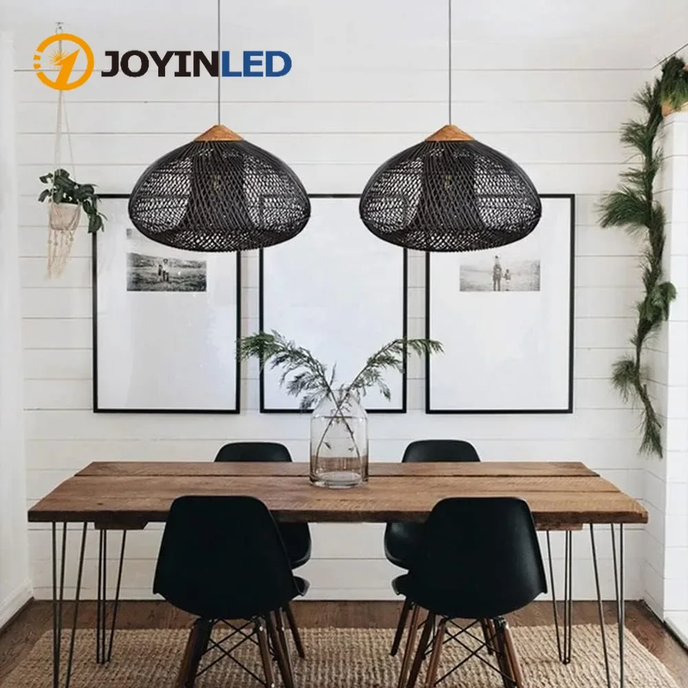 

60/80cm Japanese Style Pendant Lamp E27/E26 Rattan Chandelier Black/Beige Droplight Lighting Fixture for Living Room Dining Room