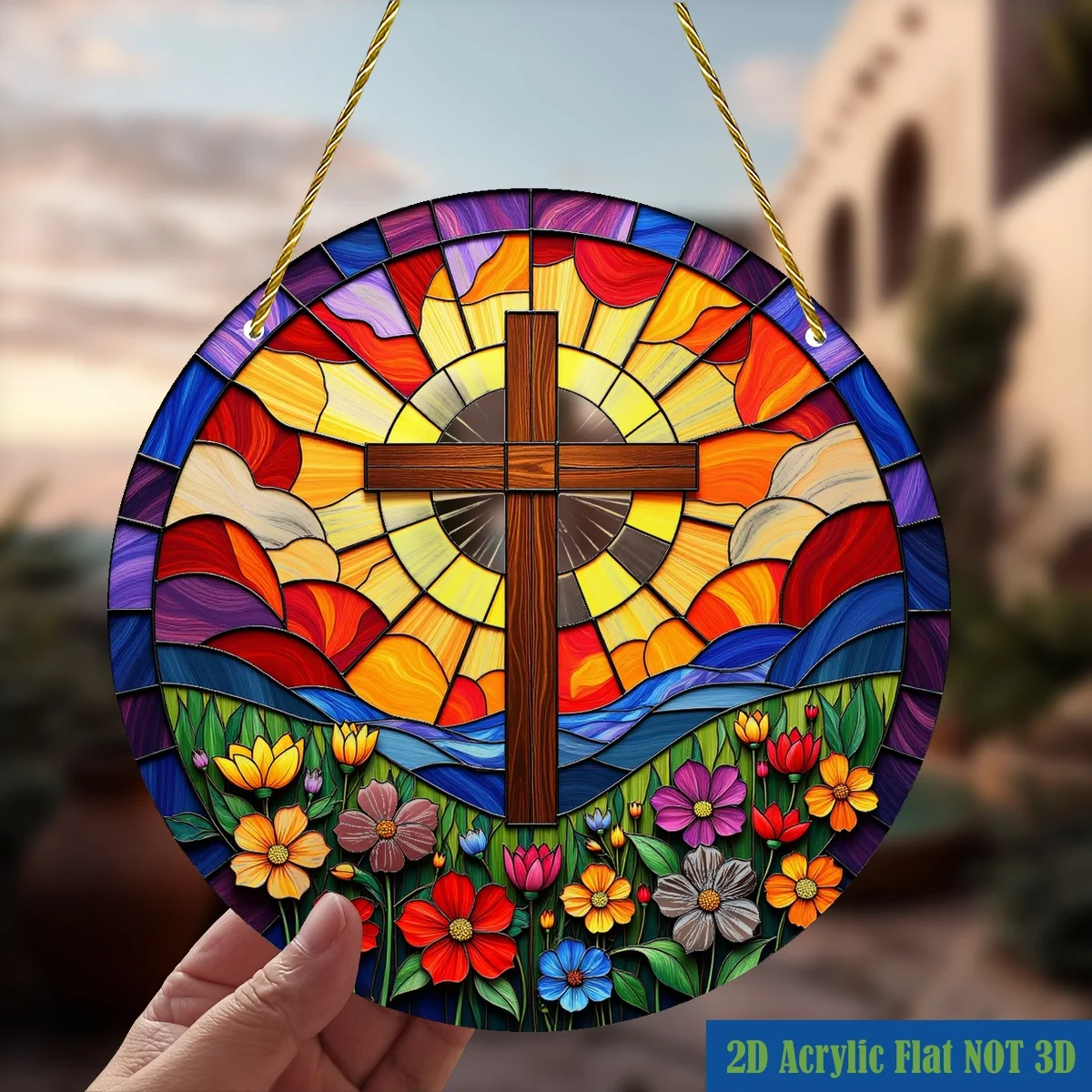 Acrylic Painting Holy Cross with Vibrant Stained Glass Style Floral Design, Sunrise Sky and Colorful Wildflowers Round Wall Deco