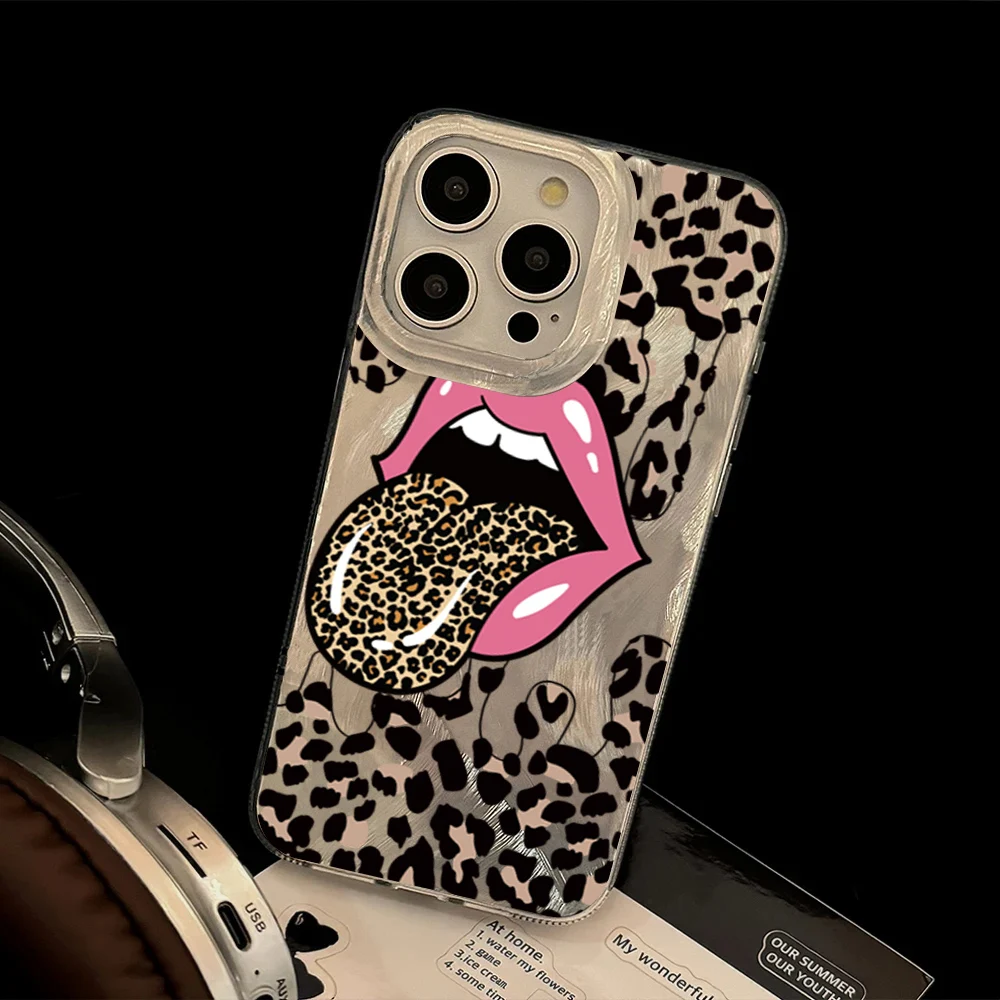 Large Tongue Leopard Print Laser Case for iPhone 16 Pro Max 15 14 13 12 11 Pro Max 16 7 8 Plus SE2 X XS Max XR Cartoon Soft Cove