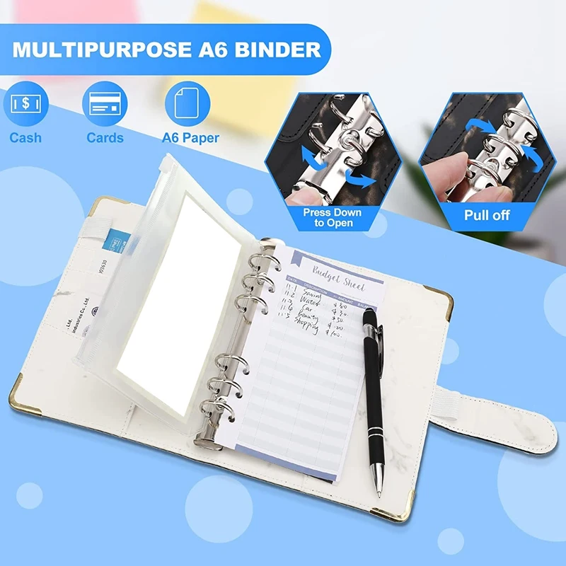 Budget Binder, 2 Pcs Marble A6 Binder Notebook Binder 6 Ring Personal Budget Binder For Money Envelope A6 Filler Paper