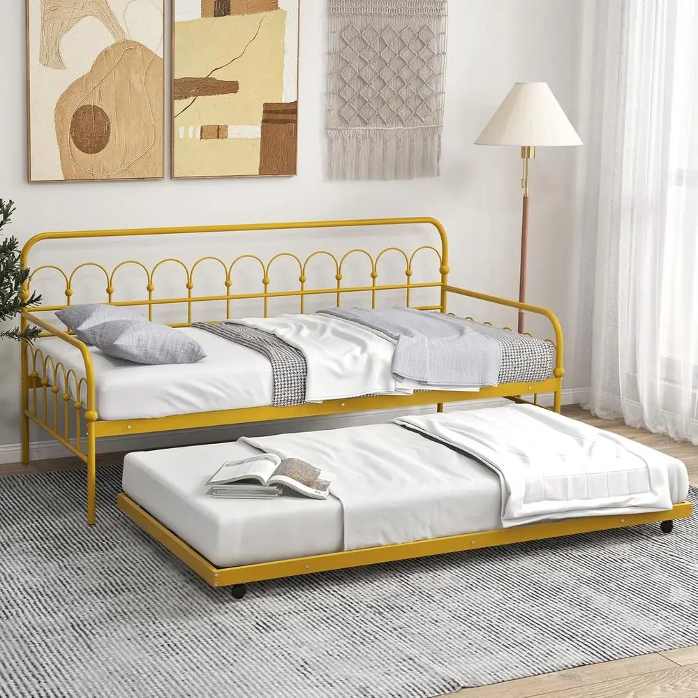 Twin Daybed with Trundle Gold, Metal Day Bed with Convenient Pull-Out Trundle Bed, Metal Slats, Lockable Universal Wheels, 2-in-