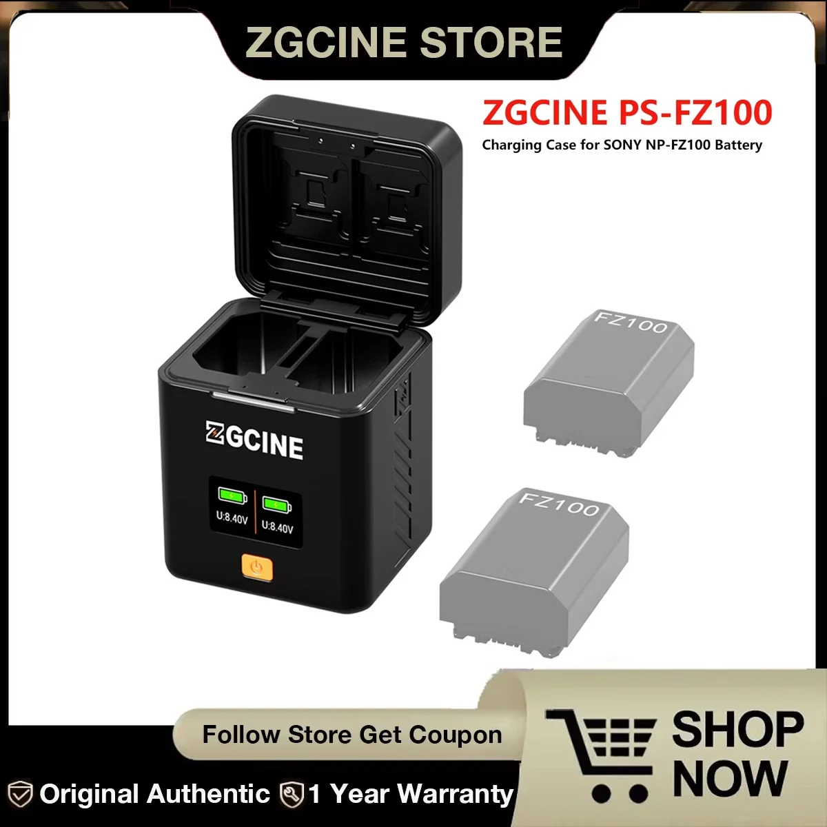 

Зарядный чехол ZGCINE PS-FZ100 для аккумулятора SONY NP-FZ100, совместимый с камерами Sony ZV-E1 FX3 FX30 A1 A9 II A7R V A7S III A7 IV