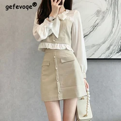 Two Piece Set for Women Korean Fashion Ruffle Bow Plaid Splicing Long Sleeve Tops Female High Waist Slim Elegant Chic Mini Skirt