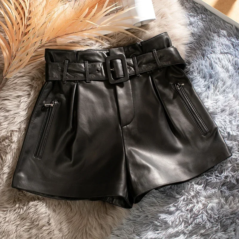 Female High Waist Shorts Summer 2024 Real Sheepskin Leather Shorts for Women Slim Women\'s Short Ropa Para Mujer Zjt2444