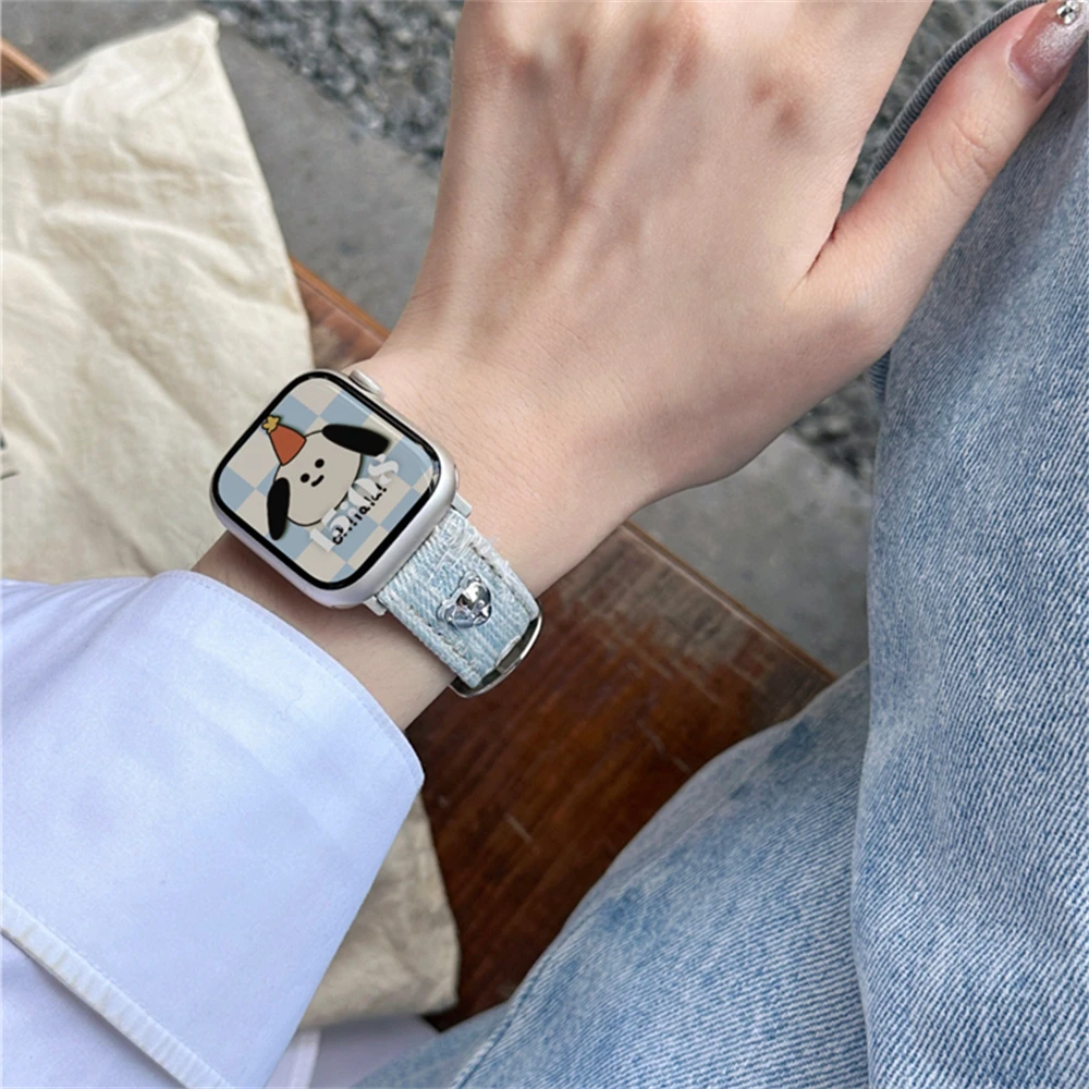 สายหนังยีนส์ลายหมี3D น่ารักสำหรับสายคาด Apple Watch 9 8 7 6 3 5 4 2 SE สำหรับ iWatch ultra 49 45 42 44มม. 40 41 38