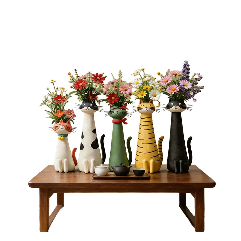 1pcs Cute Long Neck Cat-shaped Resin Vase Ornaments Handmade Creative Weird Cat Shape Vase  Desktop Decoration Cat Lovers Gifts