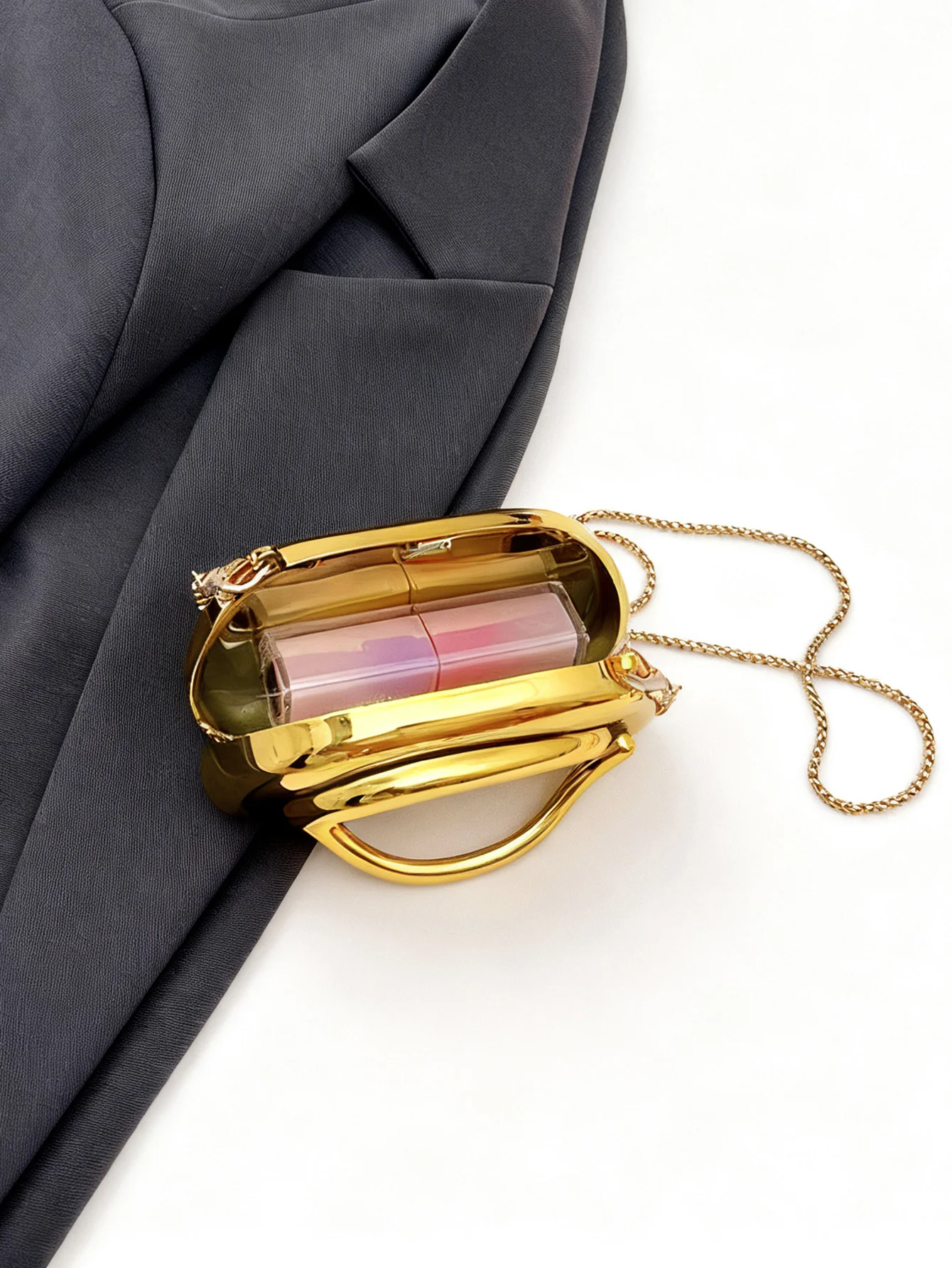 Mini-Version Modische Goldene Metallverschluss-Clutch-Tasche in Boxform für Damen, Abend-, Hochzeits-, Party-Ketten-Umhängetasche, Schultertasche – Detail 2