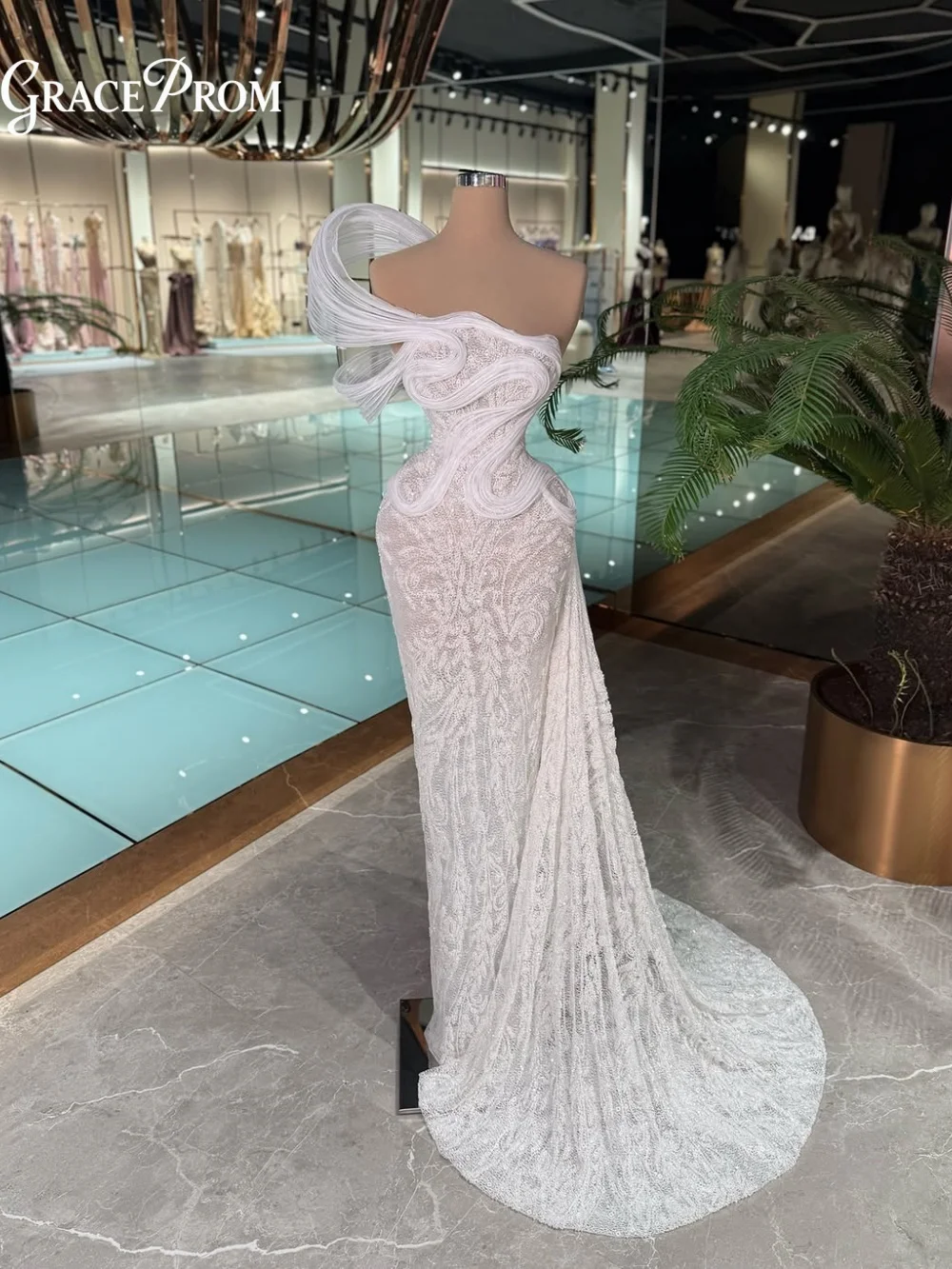 Modern One Shoulder Wedding Dresses Sculptural Tulle Detail Beaded Lace Bridal Gown Customized Vestidos De Novia فساتين سهره فخم