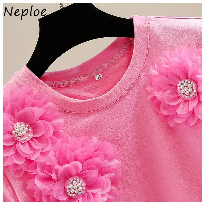 Neploe Women Loose All-match Tees Heavy Beaded Sweet Stereo Flower Decoration Tops Round Neck Pullover Short Sleeved T-shirt