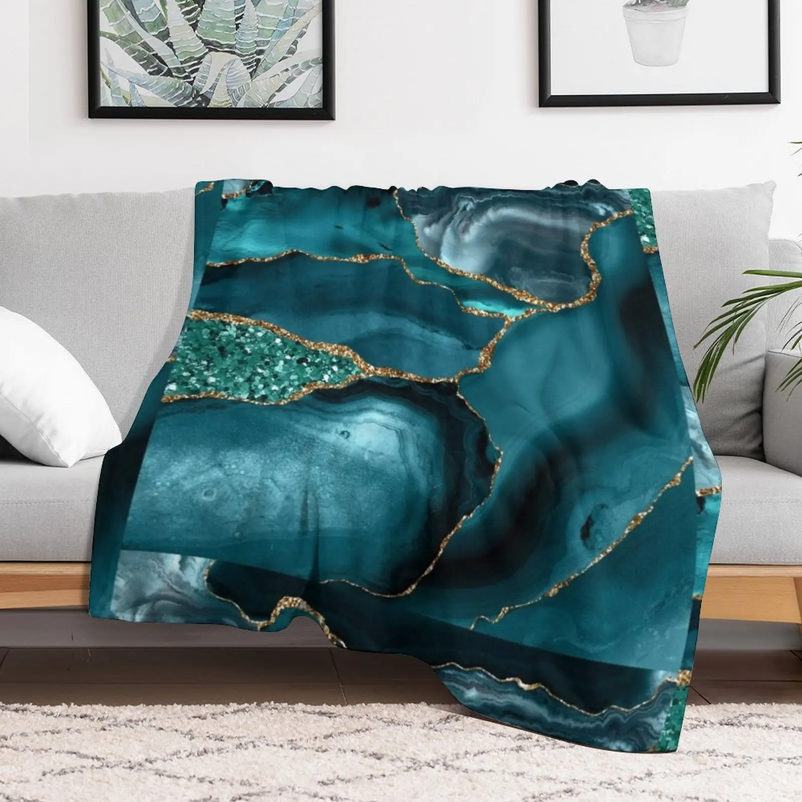 Abstract Teal Blue and Gold Glitter Modern Geode Agate Design Throw Blanket