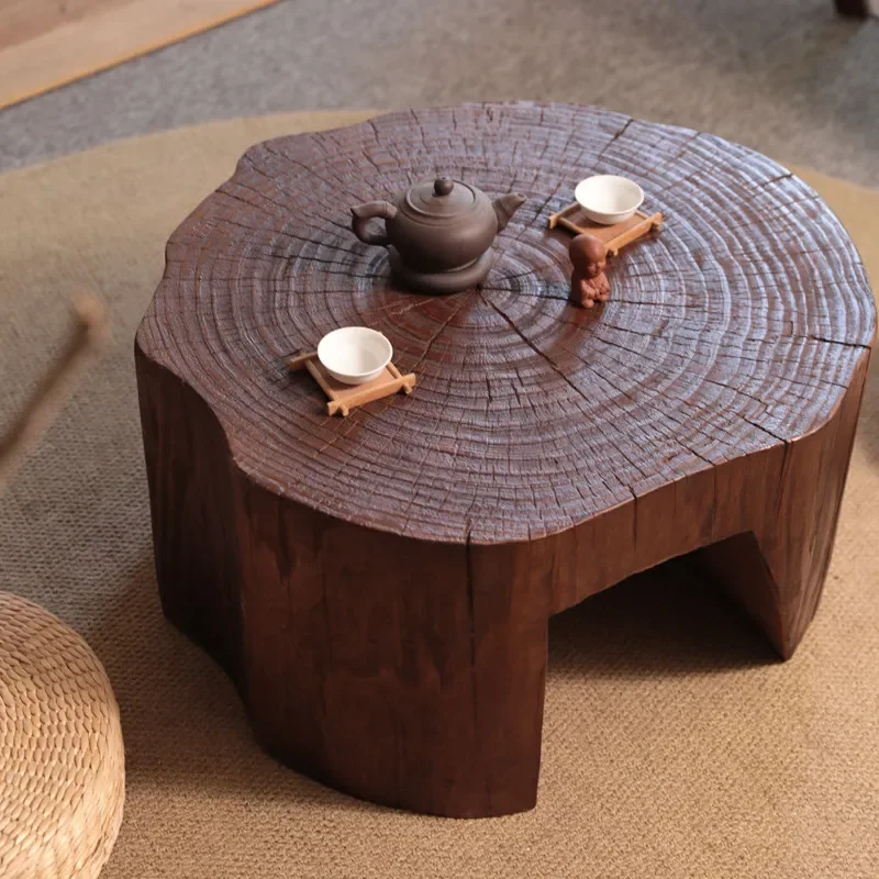 Japanese Wabi Sabi Solid Wood Coffee Table Retro Log Edge Low Tatami Side Table for Living Room Bedroom Minimalist Furniture