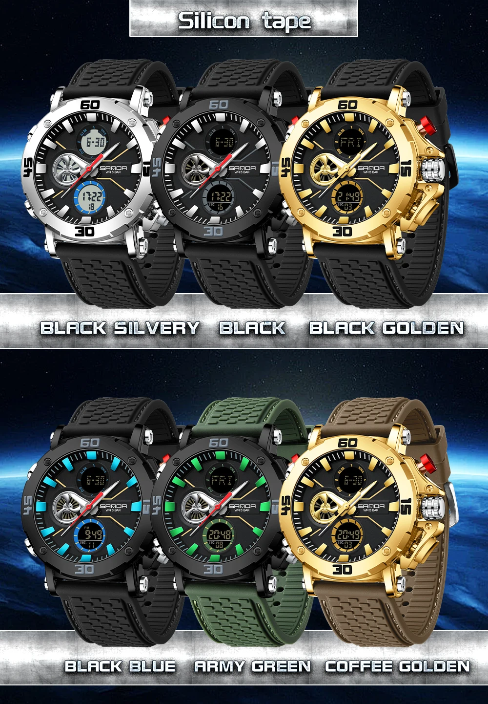 SANDA 3350 ساعة إلكترونية عصرية وعصرية للرجال رياضية متعددة الوظائف مقاومة للماء عرض مزدوج ساعة إلكترونية للرجال