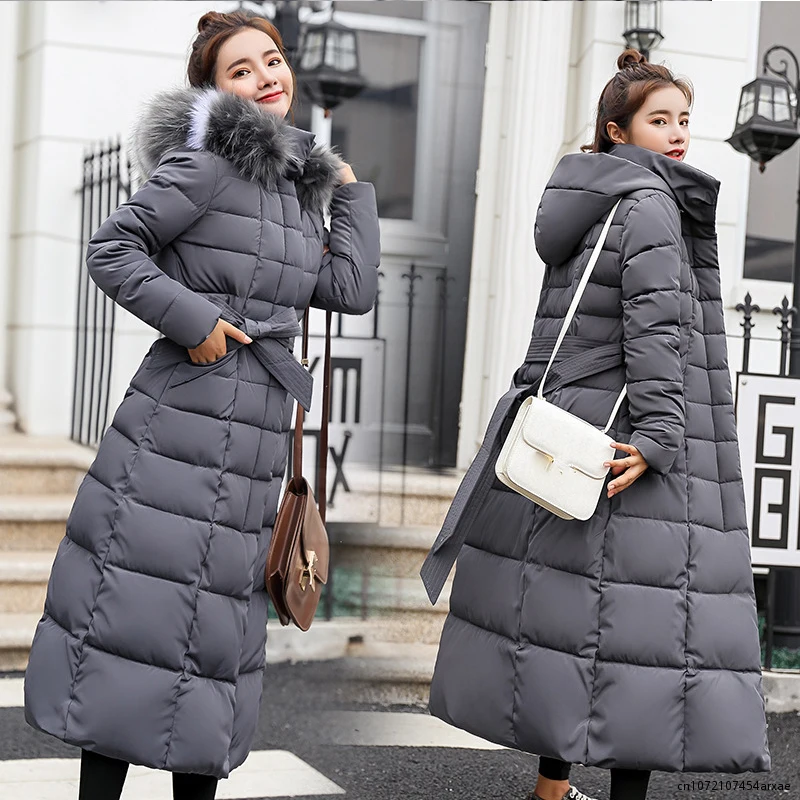 Parkas de pele com capuz acolchoado para mulheres, Engrossar casaco longo quente, jaqueta de inverno, roupas com capuz