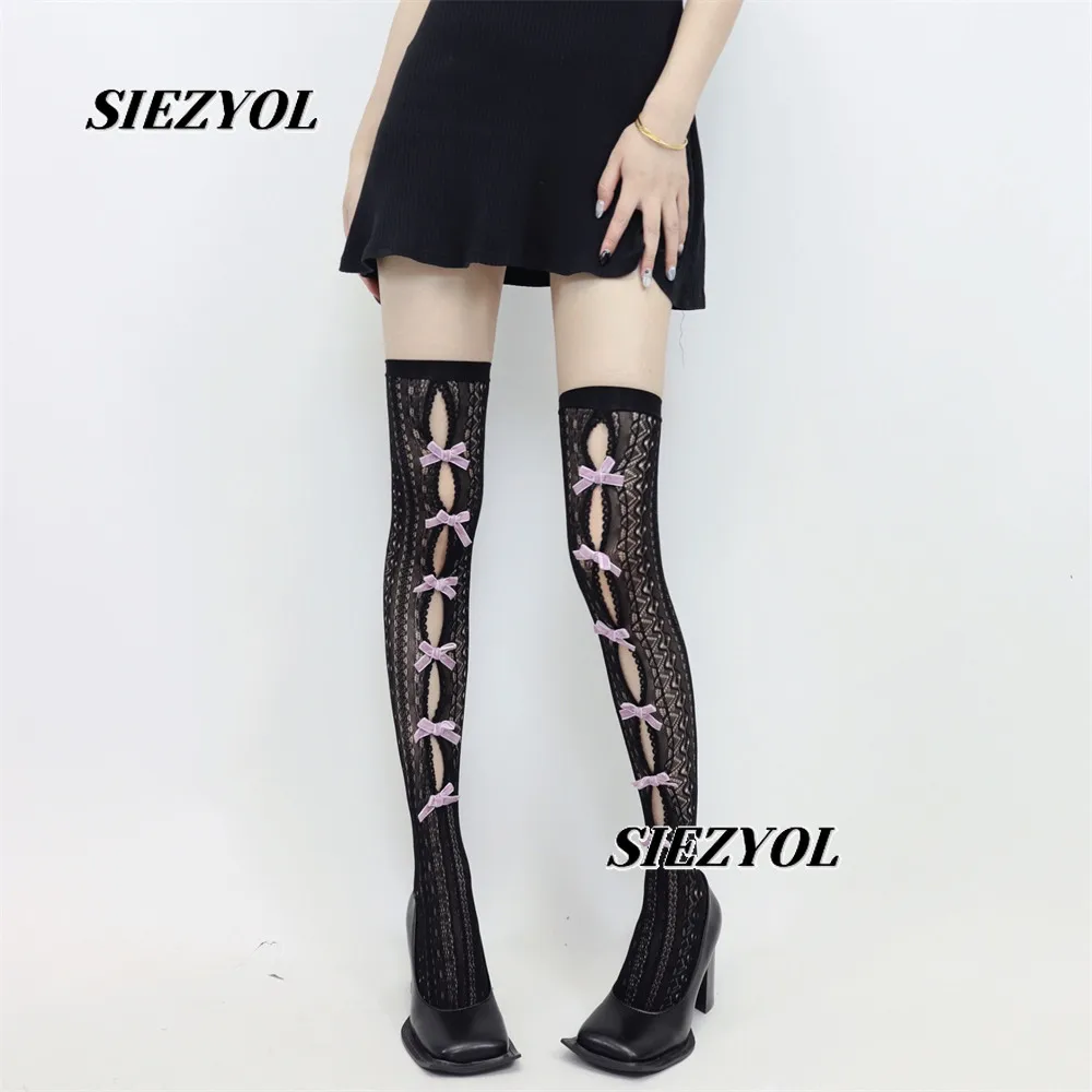 Black Stocking for Women Handmade Hollow Flocking Bow Slimming Babes Knee High Socks Sweet Cute Girls Lace Long Socks