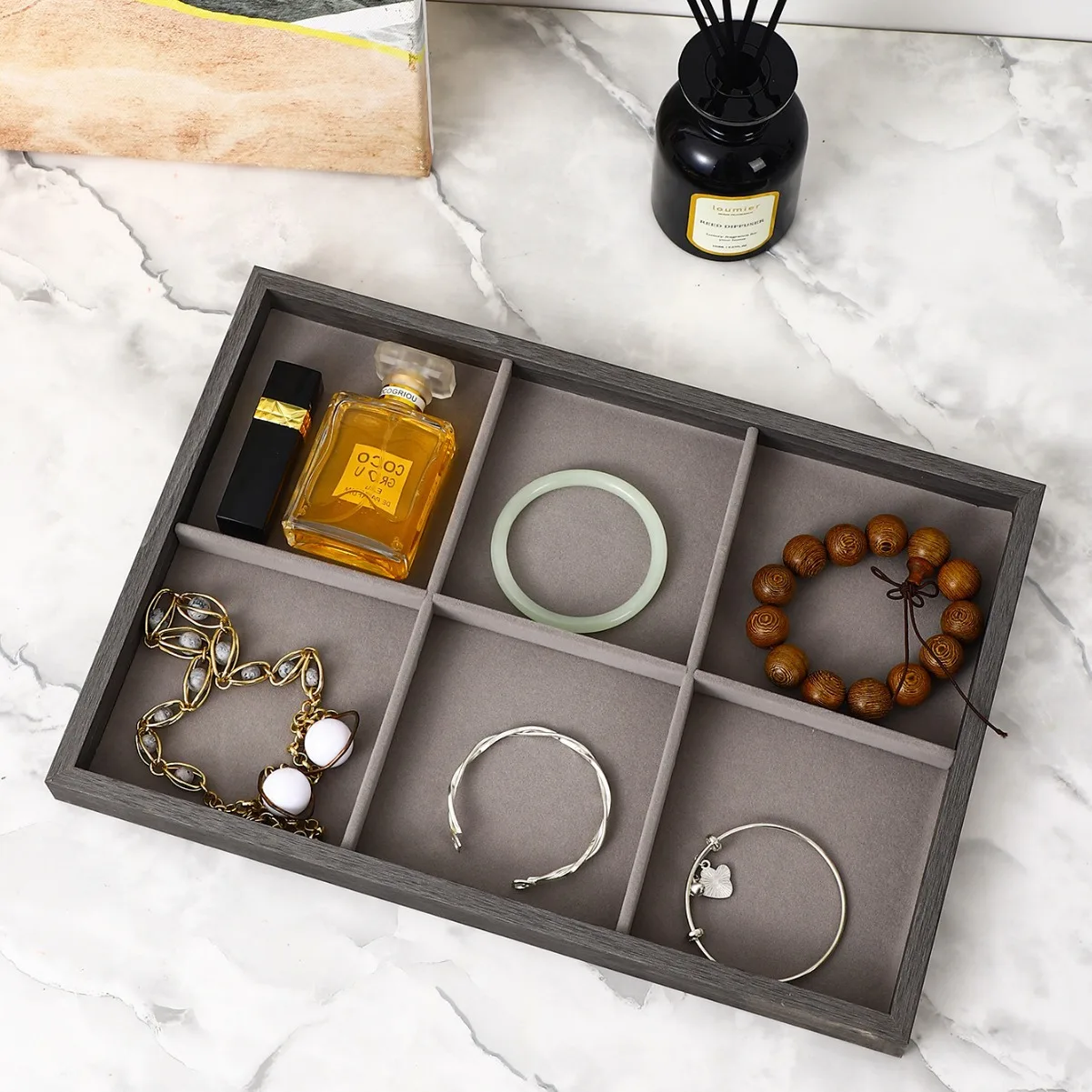 

Wood Gray Flocking Jewelry Tray Live Stream Props Ring Bracelet Earrings Storage Necklace Bracelet Display Tray Trinket Plate