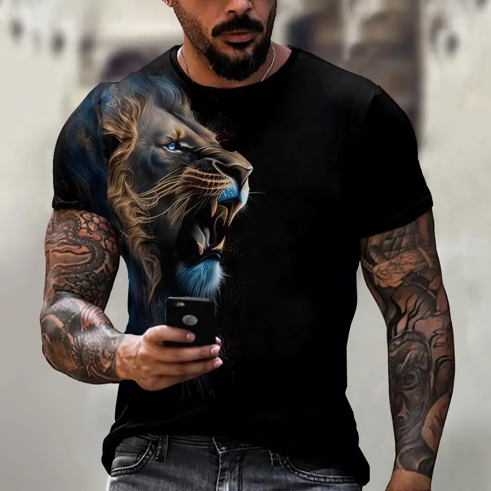 Vintage T-shirt Retro Animal Print T-shirt Tiger Lion Pattern Short sleeved T-shirt Streetwear Oversized Men Clothing Top Summer